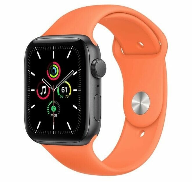 Apple Watch SE: Front view Space Gray Aluminum Case with Sport Band