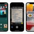 Three iPhone 12 Pro devices showing new SharePlay, Live Text, and notification summary features.