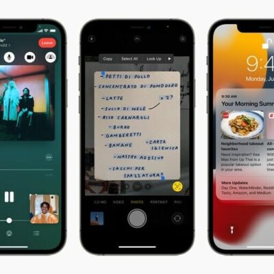 Three iPhone 12 Pro devices showing new SharePlay, Live Text, and notification summary features.
