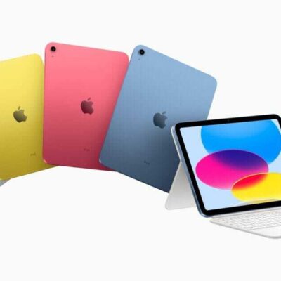 Back of the new iPad in the four colors, and the silver iPad with the Magic Keyboard Folio.