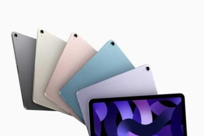 The new iPad Air in space gray, starlight, pink, blue, and purple.