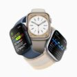 Three Apple Watch devices are grouped together and show Heart Rate Zones in the Workout app, the new Metropolitan watch face, and sleep stages.,
