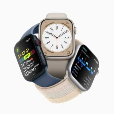 Three Apple Watch devices are grouped together and show Heart Rate Zones in the Workout app, the new Metropolitan watch face, and sleep stages.,