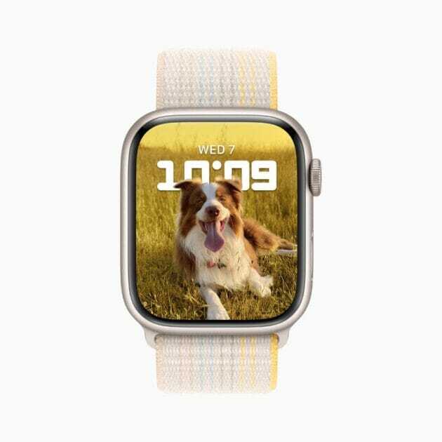 Apple Watch Series 8 shows the Portraits watch face with a photo of a dog