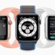 The Dance workout, the Chronograph Pro watch face, and sleep tracking are each displayed on separate Apple Watch Series 5.  