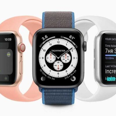 The Dance workout, the Chronograph Pro watch face, and sleep tracking are each displayed on separate Apple Watch Series 5.  
