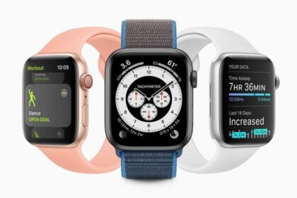 The Dance workout, the Chronograph Pro watch face, and sleep tracking are each displayed on separate Apple Watch Series 5.  