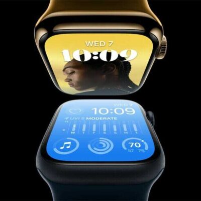 Apple Watch Series 8 in stainless steel gold floating above the new Apple Watch SE.  