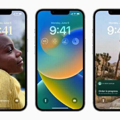 Five iPhone screens show iOs 16 and its new features.