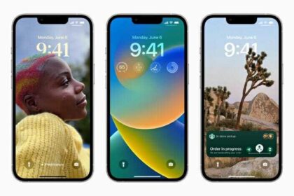 Five iPhone screens show iOs 16 and its new features.