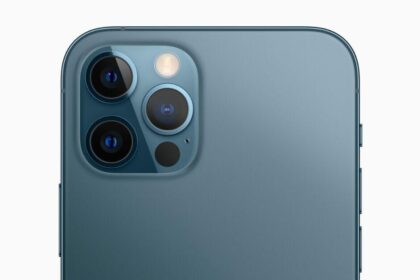 A back view of iPhone 12 Pro shows off the lenses of the device’s pro camera system.