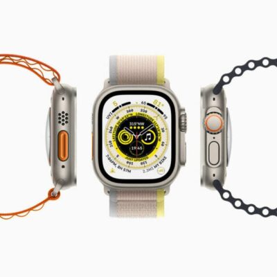 Three Apple Watch Ultra devices, each with a different band, are shown in profile and overhead.