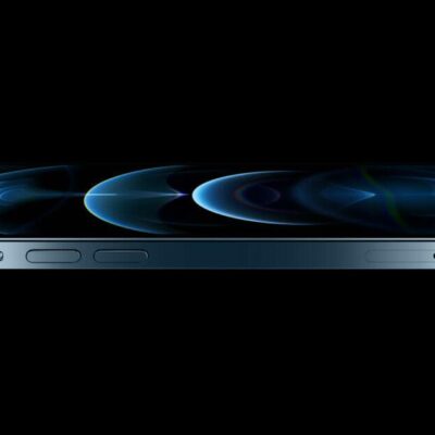 A horizontal profile of iPhone 12 Pro shows off the new flat-edge design and Ceramic Shield front cover.