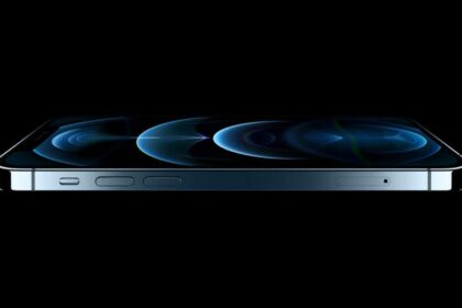 A horizontal profile of iPhone 12 Pro shows off the new flat-edge design and Ceramic Shield front cover.