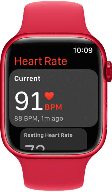 Heart Rate app showing 91 BPM current rate
