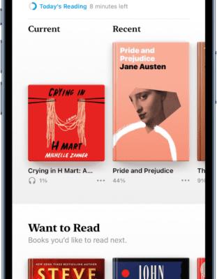 The Reading Now screen in the Books app. At the bottom of the screen are, from left to right, the Reading Now, Library, Book Store, Audiobooks and Search tabs.  