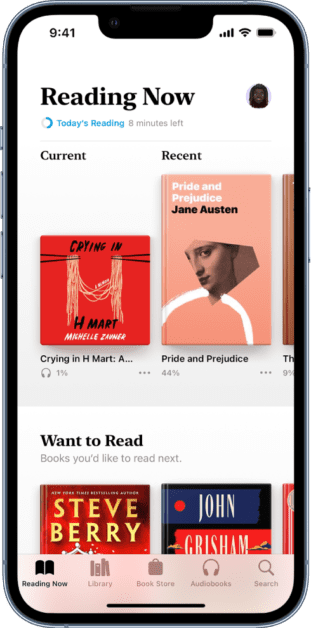 The Reading Now screen in the Books app. At the bottom of the screen are, from left to right, the Reading Now, Library, Book Store, Audiobooks and Search tabs.  