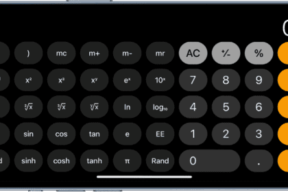 iPhone in landscape orientation showing the scientific calculator with exponential, logarithmic, and trigonometric functions.  