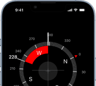 The Compass screen showing the direction iPhone is pointing, your current location, and elevation.  