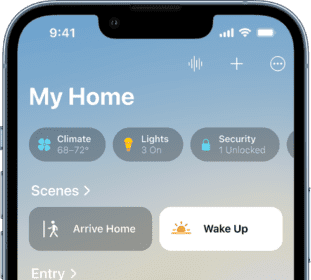 The Home tab showing Climate, Lights, and Security categories, scenes at the top. Below are tiles for the Arrive Home and Wake Up scenes. Below the scenes are two rooms—Entry and Living Room—with accessory tiles in each one. Other tabs across the bottom are Automations and Discover.  
