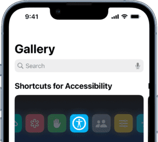 The Shortcuts Gallery screen, with a list of shortcuts to complete common everyday tasks such as turning Text Into Audio and Stopping Distractions. At the bottom are the Shortcuts, Automation, and Gallery tabs.  