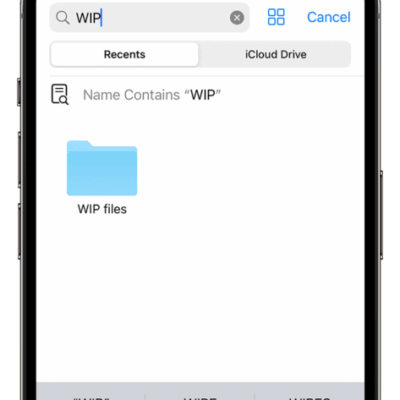 An image of the Files app on iPhone showing a search for “WIP” and a “WIP files” folder icon onscreen below.  