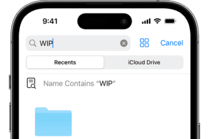 An image of the Files app on iPhone showing a search for “WIP” and a “WIP files” folder icon onscreen below.  