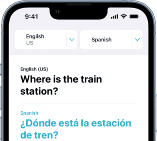 The Translation tab, showing two language selectors—English and Spanish—at the top, a translation in the center, and the Enter Text field near the bottom.  