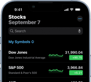 A watchlist showing a list of different stocks. Each stock in the list displays, from left to right, the stock symbol and name, a performance chart, the stock price, and price change. At the top of the screen, above the My Symbols watchlist title, is the search field. At the bottom of the screen is Business News. Swipe up on Business News to display stories.  