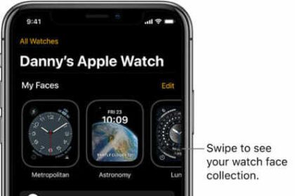 The Apple Watch app on iPhone open to the My Watch screen, which shows your watch faces near the top, and settings below. There are three tabs at the bottom of the Apple Watch app screen: the left tab is My Watch, where you go for Apple Watch settings; next is the Face Gallery, where you can explore available watch faces and complications; then Discover, where you can learn more about Apple Watch.  