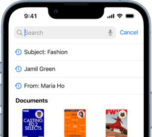 The search field in the Mail app. The search field is empty, but the predictive search results that fill the screen from top to bottom are an email subject, email recipients, the email sender, documents, and links.  