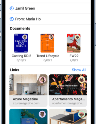 The search field in the Mail app. The search field is empty, but the predictive search results that fill the screen from top to bottom are an email subject, email recipients, the email sender, documents, and links.  