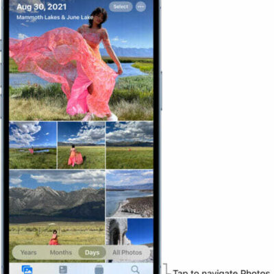 The photo library displayed in Days view. A selection of photo thumbnails fills the screen. In the top left of the screen are the date and location where the photos were taken. In the top right are the Select and More Options buttons to share photos and see details. Below the thumbnails are options to view the photo library by Years, Months, Days, and All Photos. Along the bottom are the Library, For You, Albums, and Search buttons.  