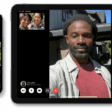 An iPhone next to an iPad. Both devices show ongoing FaceTime video calls.  