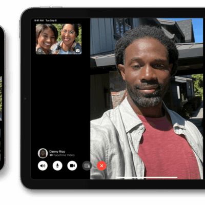 An iPhone next to an iPad. Both devices show ongoing FaceTime video calls.  