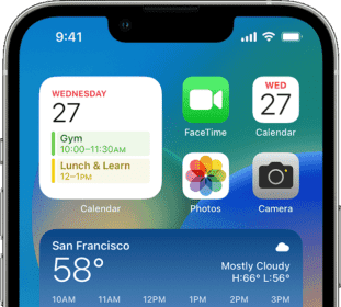 An iPhone showing widgets for weather and calendar events  