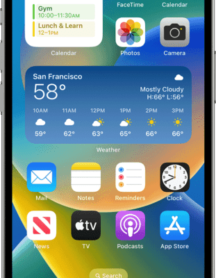 An iPhone showing widgets for weather and calendar events  