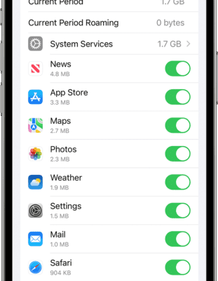 An iPhone screen showing cellular data settings  