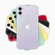 A stack of iPhone 11 in six finishes.  