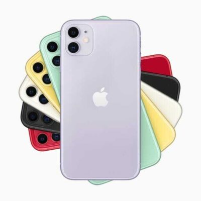 A stack of iPhone 11 in six finishes.  