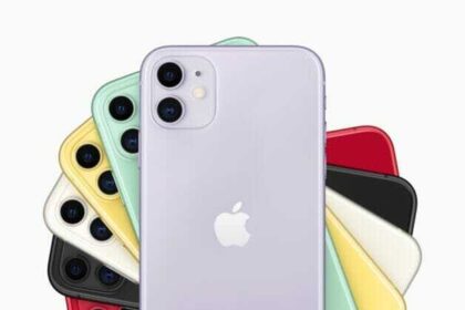 A stack of iPhone 11 in six finishes.  