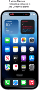 The iPhone 14 Pro Home Screen, showing a Voice Memos recording in the Dynamic Island.  