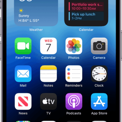 The iPhone 14 Pro Home Screen, showing a Voice Memos recording in the Dynamic Island.  