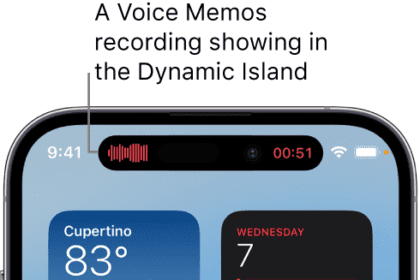 The iPhone 14 Pro Home Screen, showing a Voice Memos recording in the Dynamic Island.  