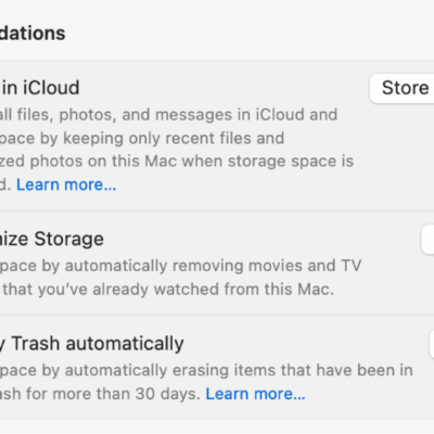 The Recommendations section in Storage settings, with options including Store in iCloud, Empty Trash automatically, and Optimize Storage.  