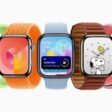 Five Apple Watch devices show features in watchOS 10, including a new Smart Stack and two additional watch faces.  