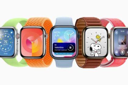 Five Apple Watch devices show features in watchOS 10, including a new Smart Stack and two additional watch faces.  