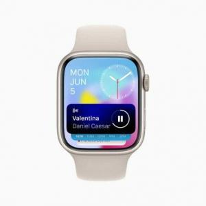 Apple Watch Series 8 shows the new Smart Stack with currently playing music displayed on top.