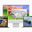 macOS Sonoma displayed on MacBook Air, the 27-inch iMac, and MacBook Pro.  