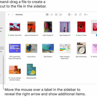 To the right of Locations in the Finder sidebar is an arrow to click to show additional items. In the Finder window on the right, a file is selected, and a shortcut to the file is in the sidebar, below Favorites.  